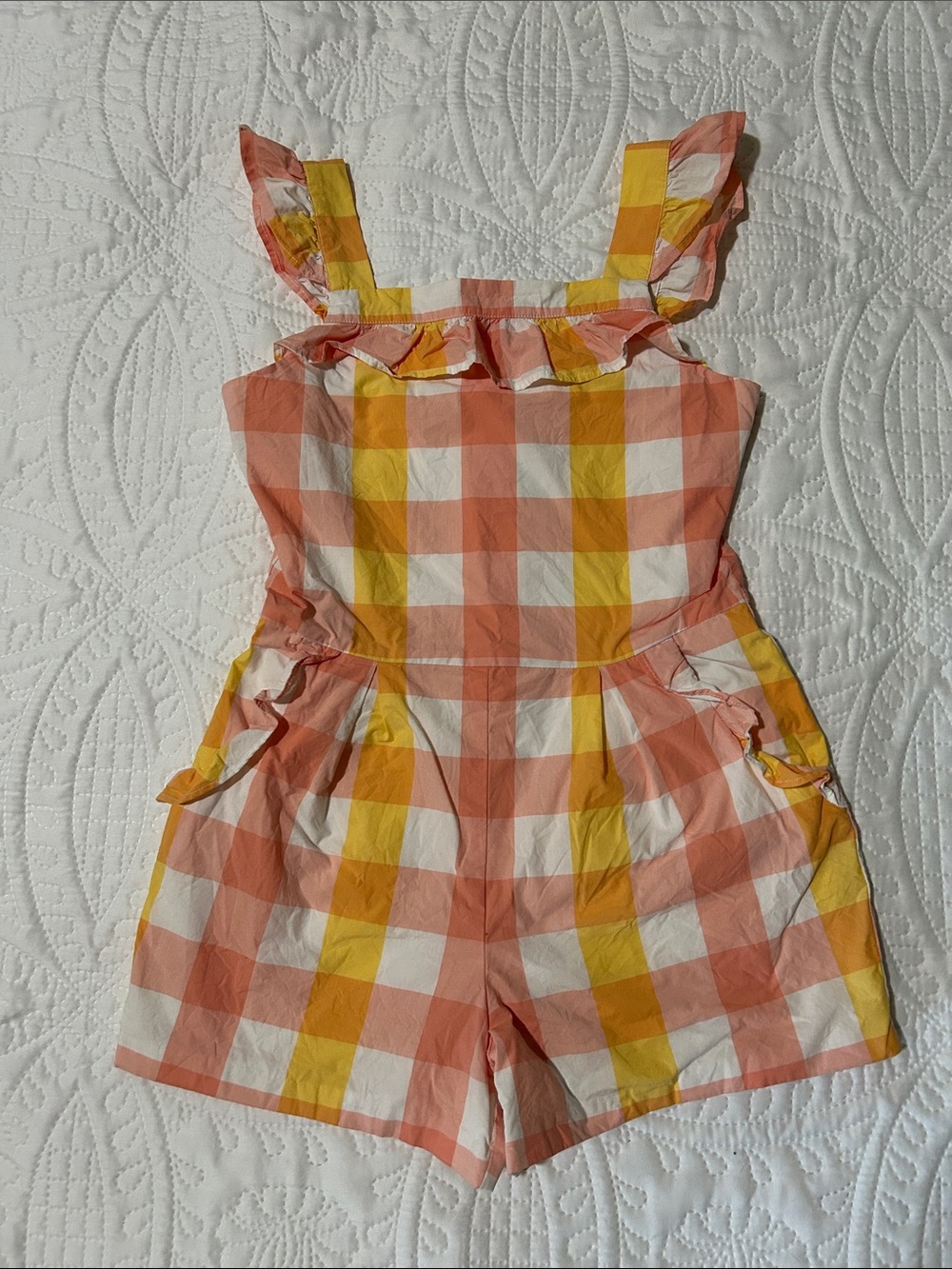 JANIE and JACK Girls' Pink and Yellow Gingham Ruffle Strap Romper SZ: 12